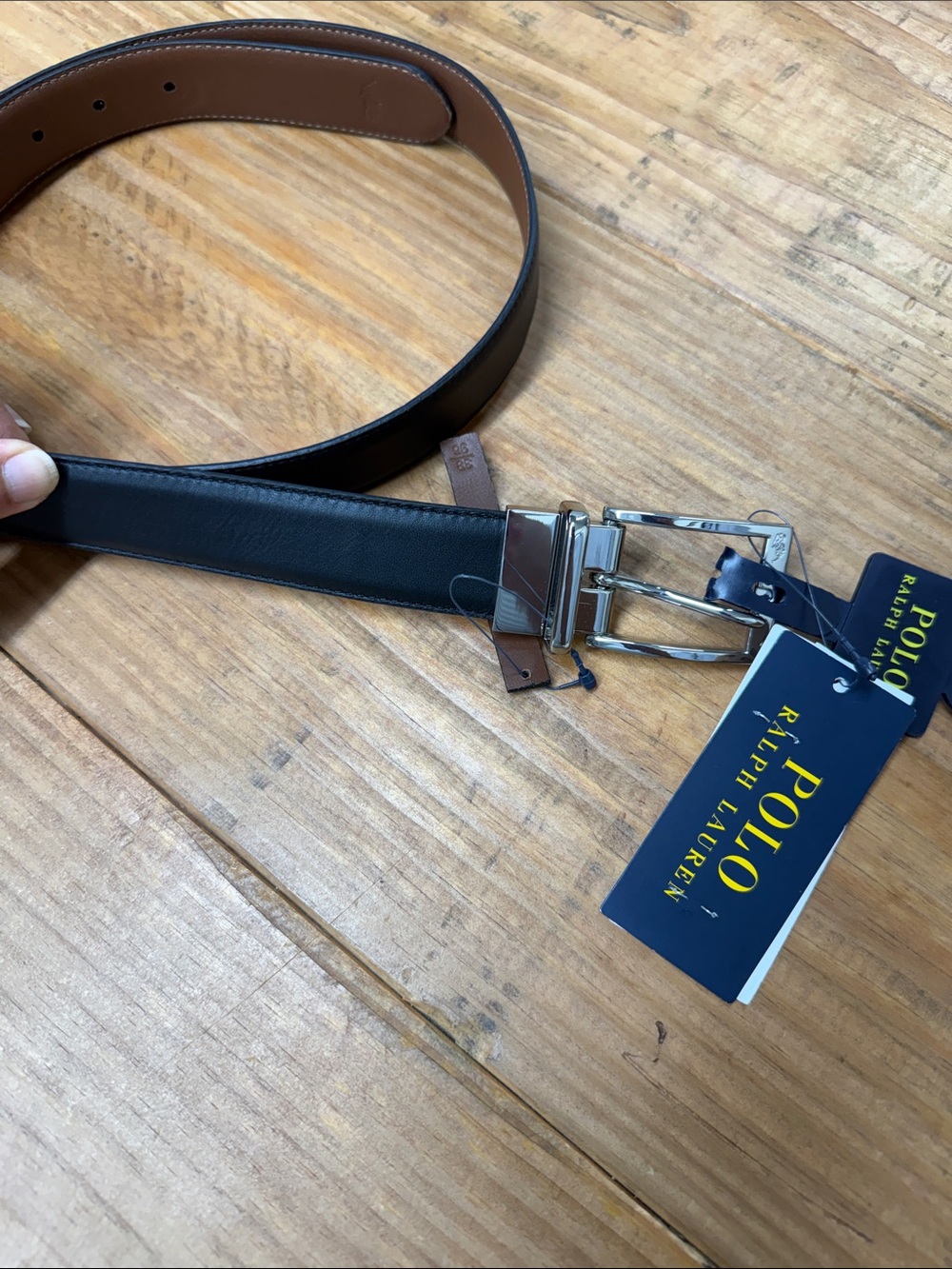 Polo by Ralph Lauren Black and Tan Reversible Leather Belt with Silver Buckle